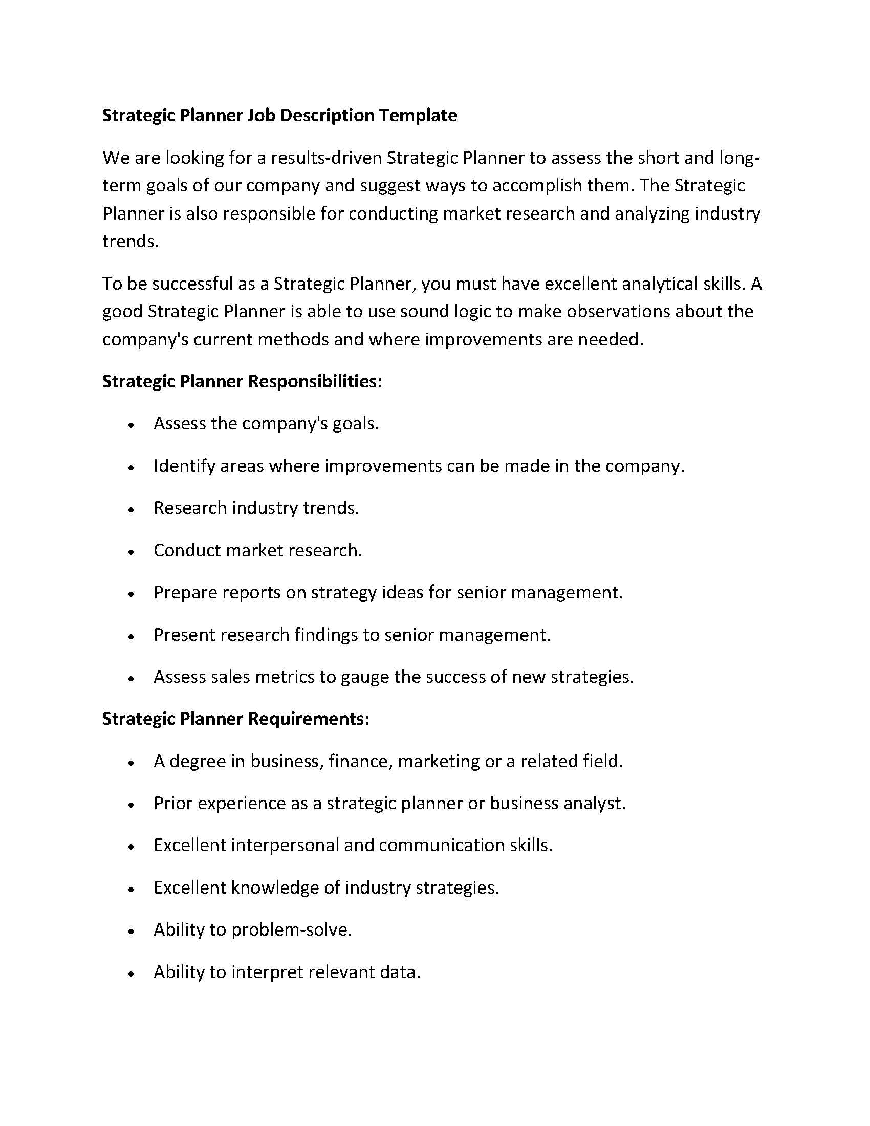 Strategic Planner Job Description Template
